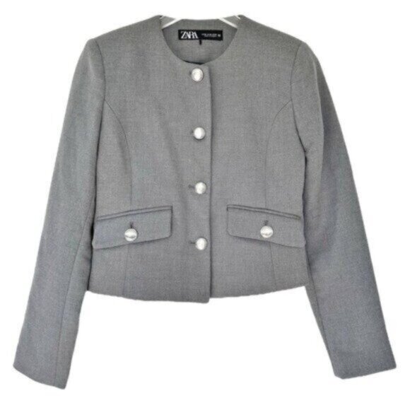 Zara Metal Button Gray Semi Cropped Blazer Size XS - Picture 2 of 12